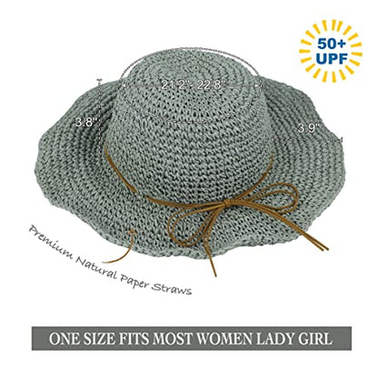 Women Sun Hat Wide Brim Floppy Beach Hat Breathable UV UPF 50+ Straw Hat Foldable Packable Summer Outdoor Cap - color: Grey