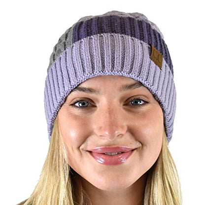 C.C Winter Warm Multi Knit Tricolor Skull Cap Cuff Beanie - color: Gray/Lilac