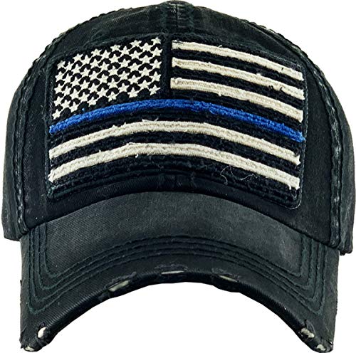 KBETHOS Flag USA America Military Thin Blue Line Thin Red Line Vintage Distressed Baseball Cap Dad Hat Unisex Adjustable… - color: Black Blue Embroidered Flag