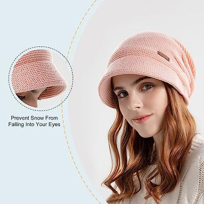Women Fleece Lined Knitted Hat with Visor Brim, Winter Slouchy Cable Knit Beanie Newsboy Cap for Cold Weather - color: Dark Gray