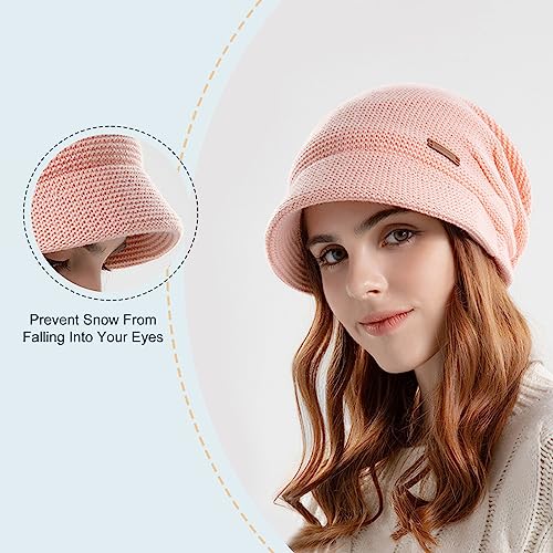 Women Fleece Lined Knitted Hat with Visor Brim, Winter Slouchy Cable Knit Beanie Newsboy Cap for Cold Weather - color: Black