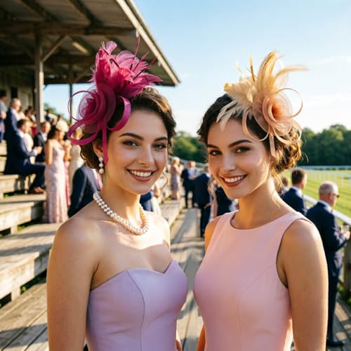 DRESHOW Fascinators Hats for Women Tulle Feather Tea Party Fascinator Wine