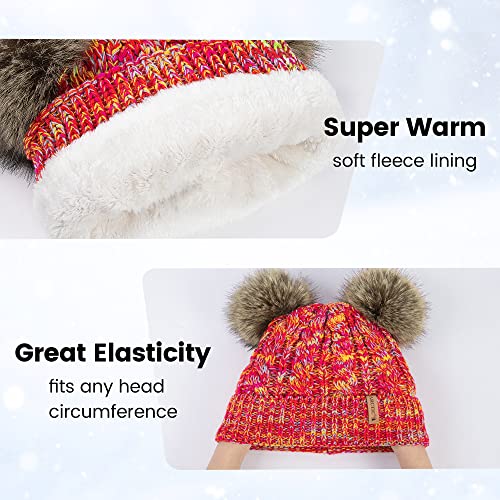Arctic Paw Pom Pom Beanie Cable Knit Fleece Lined Winter Beanie Women Hat - color: Mix Pink Yellow