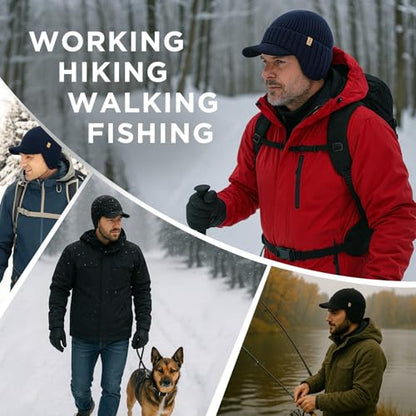 TOP-EX DryKnit™ 80% Merino Wool Waterproof Warm Brim Beanie with Ear Flaps - color: Navy, size: Medium