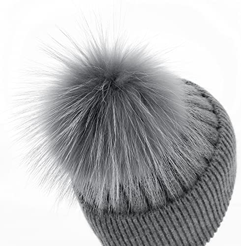 Women Real Fur Pom Pom Winter Ribbed Cuffed Knit Beanie Hat - color: Darkgrey 3
