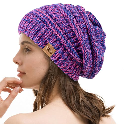 REDESS Slouchy Beanie Hat for Men and Women Winter Warm Knit Hat Chunky Soft Oversized Cable Cap - color: Robyal Blue