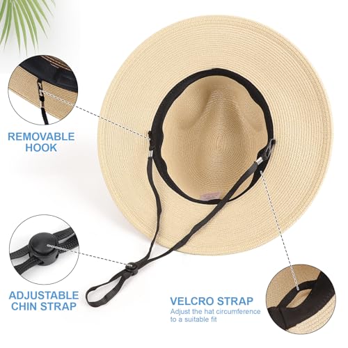 DRESHOW Women Straw Panama Hat Travel Fedora Beach Sun Hat Summer Wide Brim Straw Roll up Hat UPF 50+ - color: Straw Hat With Braided Band: Beige