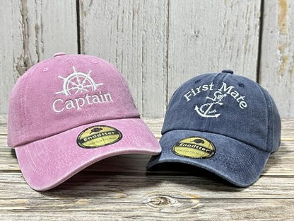 Embroidered Captain & First Mate Baseball Caps Set for Men Women - color: Captain (Pink) - Toddler First Mate (Navy)