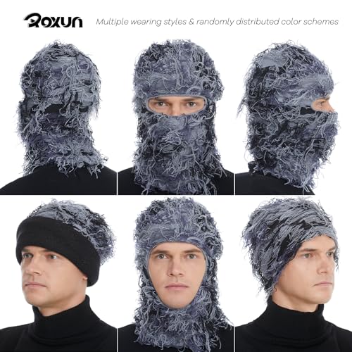 ROXUN Distressed Ski Mask Balaclava, Yeat Shiesty Fluffy Knitted Full Face - color: 01- Gray Mixed