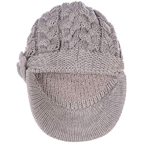 BYOS Womens Winter Chic Cable Warm Fleece Lined Crochet Knit Hat W/Visor Newsboy Cabbie Cap - color: Cable W/ Flower Beige