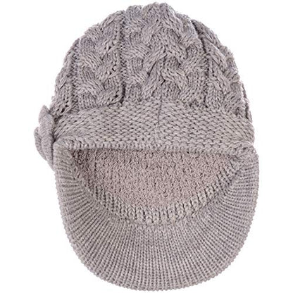 BYOS Womens Winter Chic Cable Warm Fleece Lined Crochet Knit Hat W/Visor Newsboy Cabbie Cap - color: Cable W/ Flower Beige