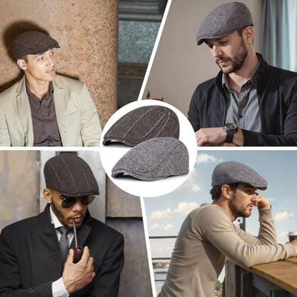 Senker Fashion 2 Pack Newsboy Cap for Men, Wool Blend Tweed Flat Cap - color: Brown Gray