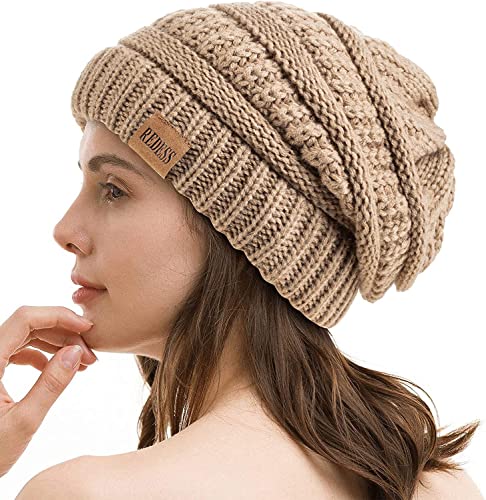 REDESS Slouchy Beanie Hat for Men and Women Winter Warm Knit Hat Chunky Soft Oversized Cable Cap - color: A5 Khaki