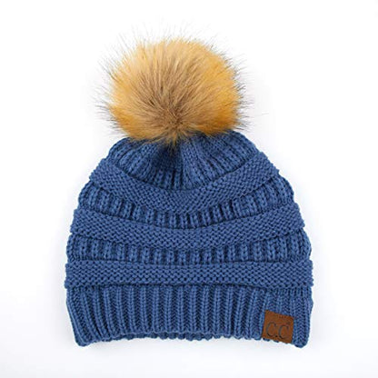 C.C Hatsandscarf Exclusives Unisex Solid Ribbed Beanie with Pom (HAT-43) - color: A Gift Set-dkdenim
