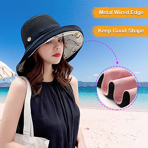 Women Wide Brim Sun Hats Metal Wired Edge Summer UV Protection Beach Fishing Hat for Hiking Garden Travel Chin Strap - color: M9163-black, size: One Size