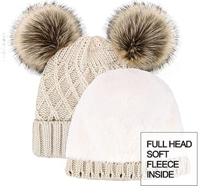 Arctic Paw Womens Winter Hat Cable Knit Beanie for Women Faux Fur Pompom Ears - color: Beige_grid