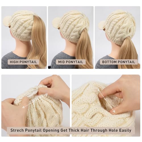ChicPony™ Merino Wool Visor Ponytail Beanie with Brim Fleece Lined 3 Bun Openings Hole Warm Windproof Knit Cap Winter Hat - color: Ivory Cream(pony)