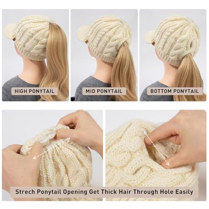ChicPony™ Merino Wool Visor Ponytail Beanie with Brim Fleece Lined 3 Bun Openings Hole Warm Windproof Knit Cap Winter Hat - color: Ivory Cream(pony)