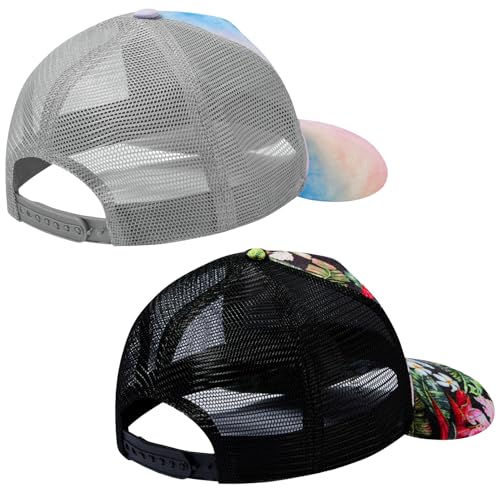 Suede Curved Brim Trucker Cap Adjustable Snapback Hat Mesh Back Breathable for Men Women 2 Pack SH03 - color: Pack of 2, Black/Tropical Flower Camo & Rosy Clouds