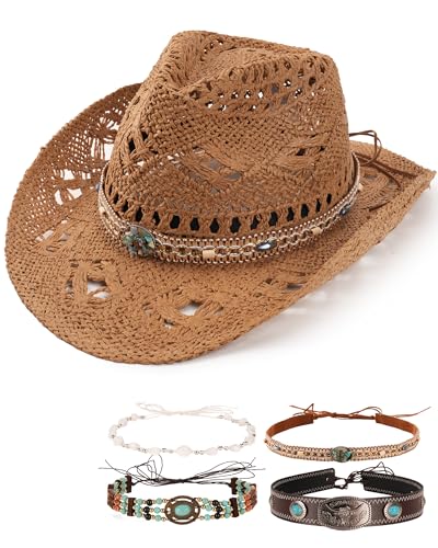 FURTALK Straw Cowboy Hat for Women with 4 Decorative Bands Cowgirl Hat - color: Solid Khaki