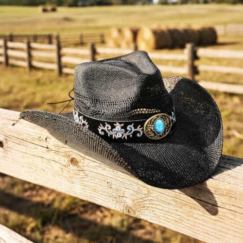 Keilin Cowboy Hats for Women and Men - Straw Teardrop Western Cowgirl Cowboy Sun Hat for Teens and Adults - color: Black Floral Turquoise Stone