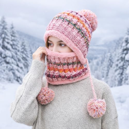 HUAMULAN Women Winter Knit Beanie Hat Circle Scarf Set Pompoms Ear Flaps - color: Pink