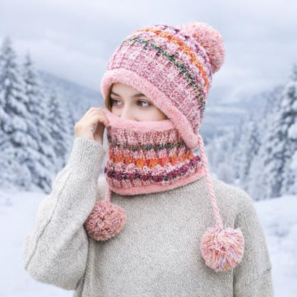 HUAMULAN Women Winter Knit Beanie Hat Circle Scarf Set Pompoms Ear Flaps - color: Pink