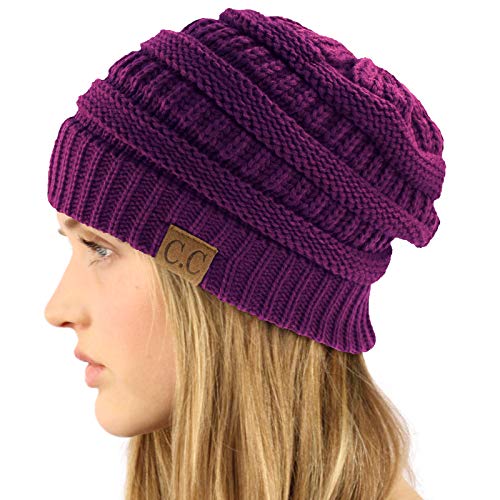CC Classic Winter Fall Trendy Chunky Stretchy Cable Knit Beanie Hat - color: Solid Dk. Purple