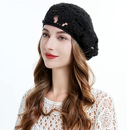 ZLYC Women Cotton Slouchy Crochet Beret Handmade Cutout Floral Beanie Hat - color: Floral Black