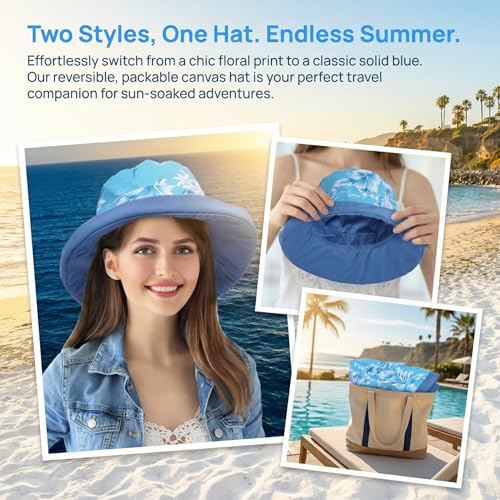 Women's Wide Brim Sun Protection Hats with Flap Neck Cover for Traveling Hiking Safari Boating Driving Gardening - color: Hawaii Blue