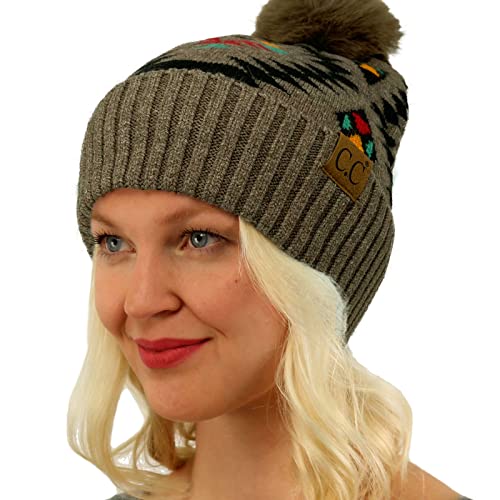 C.C Fur Pom Winter Fall Trendy Chunky Stretchy Cable Knit Beanie Hat - color: Aztec Taupe