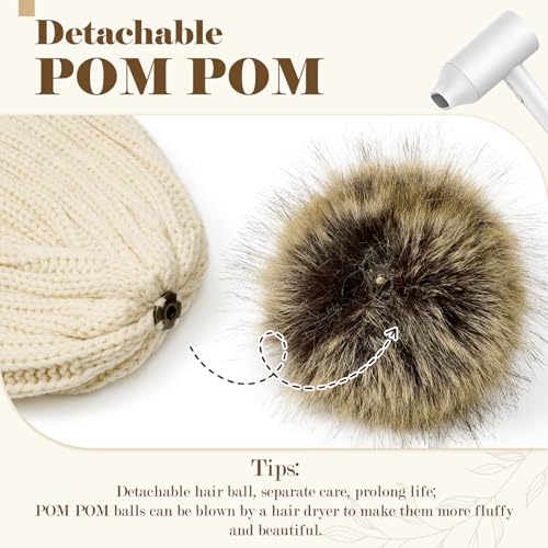 Satin Lined Beanie for Women with Detachable Pom Pom, Winter Cuffed Hat - color: 06 Mix Beige