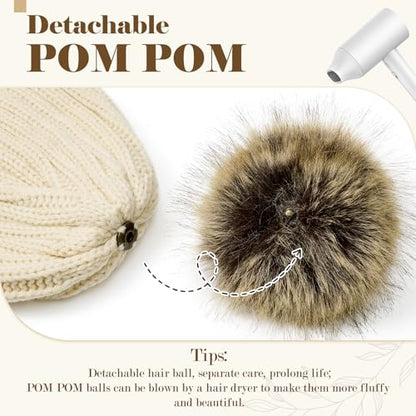 Satin Lined Beanie for Women with Detachable Pom Pom, Winter Cuffed Hat - color: 06 Mix Beige