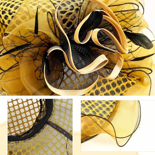 Derby Hat for Women 2026 Wide Brim Organza Sun Church Hat Set Feather Floral Fascinator for Tea Party Wedding Derby - color: Yellow