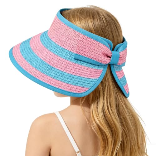 ZOORON Girls Straw Sun Visor Hat, Wide Brim Ponytail Beach Hat with Bow - color: Seablue+pink