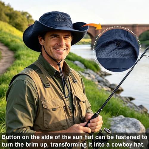 Mens Sun Hat Wide Brim Sun Hats for Men UV Protection Waterproof Bucket Hat - color: Blue