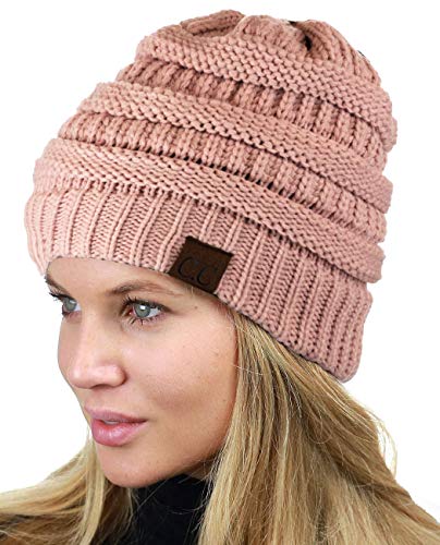 C.C Unisex Chunky Soft Stretch Cable Knit Warm Fuzzy Lined Skully Beanie - color: Rose