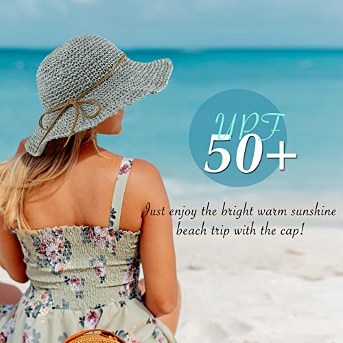 Women Sun Hat Wide Brim Floppy Beach Hat Breathable UV UPF 50+ Straw Hat Foldable Packable Summer Outdoor Cap - color: Grey