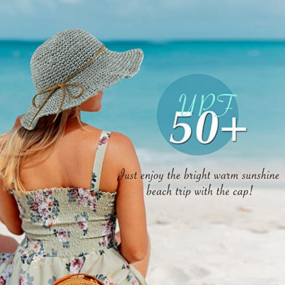 Women Sun Hat Wide Brim Floppy Beach Hat Breathable UV UPF 50+ Straw Hat Foldable Packable Summer Outdoor Cap - color: Grey