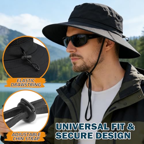 Men's UPF 50+ Waterproof Wide Brim Boonie Hat, Sun & Rain Protection - color: Black