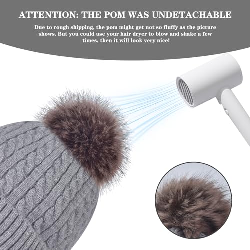 FENELY Women's Knitted Warm Beanie Winter Hat, Warm Chunky Snow Hat with Pompom - color: Grey