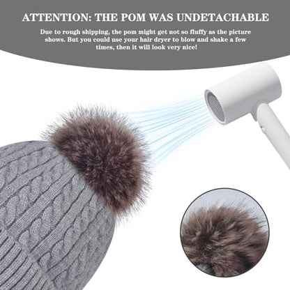 FENELY Women's Knitted Warm Beanie Winter Hat, Warm Chunky Snow Hat with Pompom - color: Grey