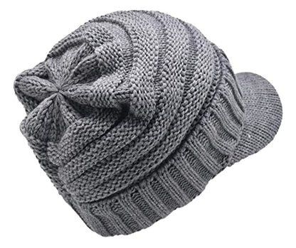 C.C Trendy Warm Oversized Chunky Soft Oversized Ribbed Slouchy Knit Hat with Visor Brim - color: Light Melange Grey