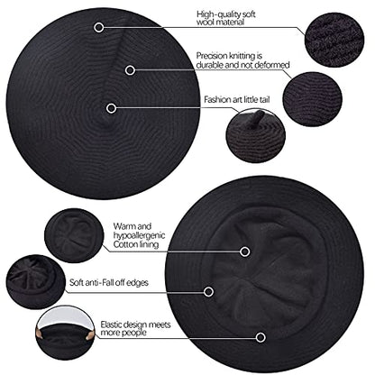 FENELY Beret Hat for Women, French Style Beanie Winter Fashion Warm Thickened Lining Knit Cap - color: Black