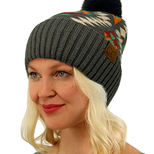 C.C Fur Pom Winter Fall Trendy Chunky Stretchy Cable Knit Beanie Hat - color: Aztec Dk. Gray