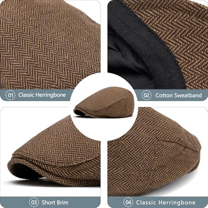 meioro Herringbone Flat Ivy Newsboy Cap for Men Classic Tweed Newsboy Hat Wool Blend Flat Cap Gatsby Cabbie Hats Ivy Caps - color: Coffee