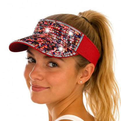 Shiny Women's Bling Rhinestone Visor Sun Protection for Tennis Golf Beach - color: Redcolorf