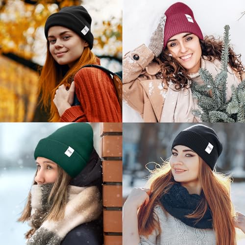 FEQO 4 Pack Satin Lined Winter Beanie Hats Soft Silk Lined Beanies - color: Black, Yellow, Olive Green, Hot Pink