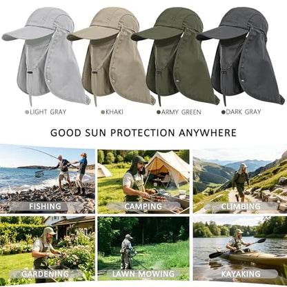 2Pack Men’s Foldable Sun Hat with Removable Face Mask & Neck Flap, UPF 50+ UV Protection, Quick-Drying Outdoor Fishing Cap - color: Light Grey+light Grey