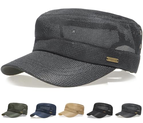 Initlove Cadet Army Cap for Men Women Military Hat Mesh Flat Top Hats for Summer - color: Dark Grey